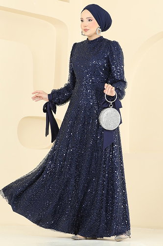 moda selvim Evening Dress 5816EDFK1198 Navy Blue - Thumbnail