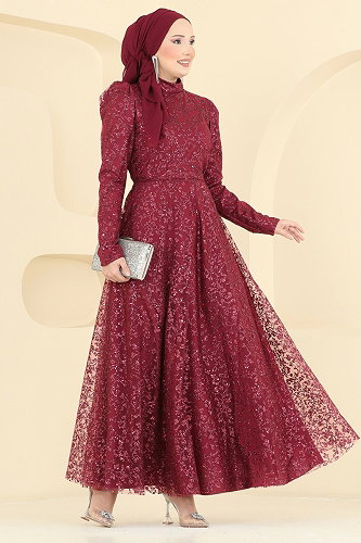 moda selvim Evening Dress 5817EDFK1198 Burgundy - Thumbnail