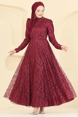 moda selvim فستان سهرة خمري 5817EDFK1198 - Thumbnail