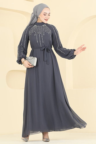 moda selvim Evening Dress 5818EDFK1198 Anthracite - Thumbnail