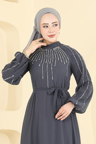 moda selvim Evening Dress 5818EDFK1198 Anthracite - Thumbnail