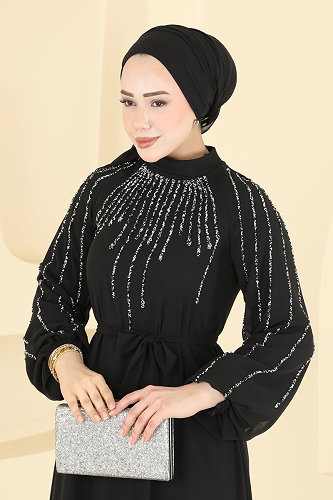 moda selvim فستان سهرة أسود 5818EDFK1198 - Thumbnail