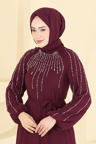 moda selvim Evening Dress 5818EDFK1198 Burgundy - Thumbnail