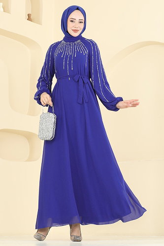 moda selvim Evening Dress 5818EDFK1198 Saxe - Thumbnail