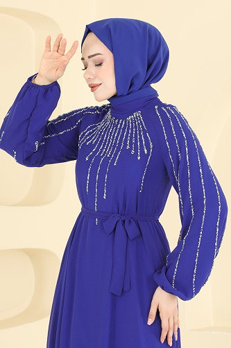 moda selvim فستان سهرة نيلي 5818EDFK1198 - Thumbnail