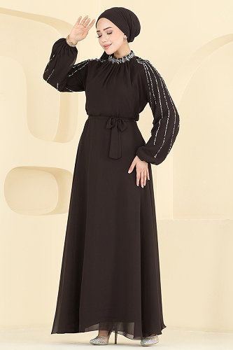 moda selvim فستان سهرة بني 5819EDFK1198 - Thumbnail