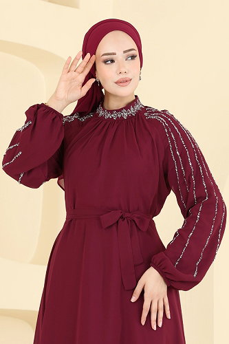 moda selvim Evening Dress 5819EDFK1198 Burgundy - Thumbnail