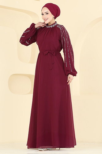 moda selvim فستان سهرة خمري 5819EDFK1198 - Thumbnail