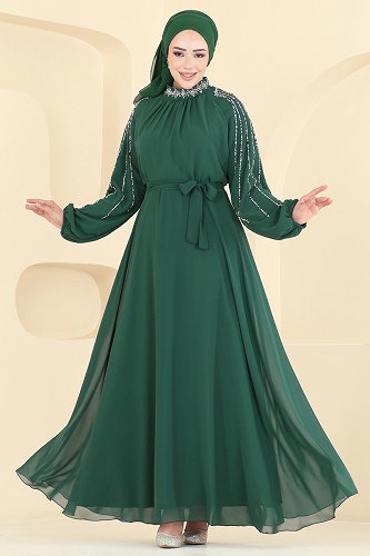 moda selvim فستان سهرة زيتي 5819EDFK1198 - Thumbnail