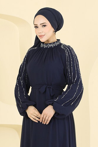 moda selvim Evening Dress 5819EDFK1198 Navy Blue - Thumbnail