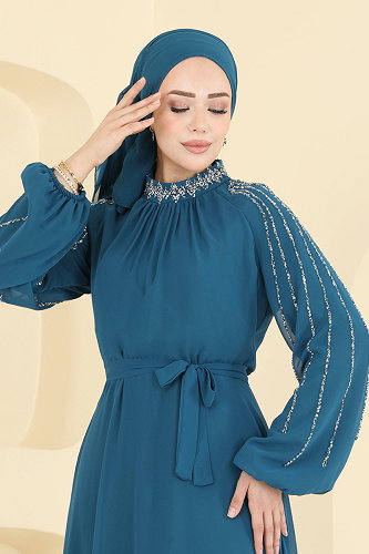 moda selvim Evening Dress 5819EDFK1198 Petroleum - Thumbnail