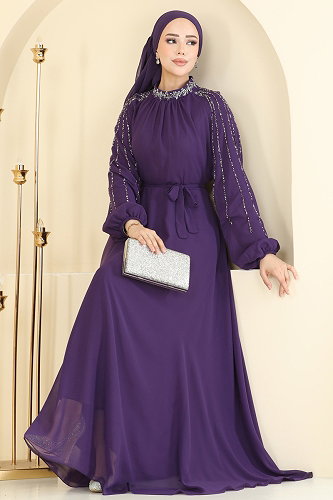 moda selvim Evening Dress 5819EDFK1198 Purple - Thumbnail