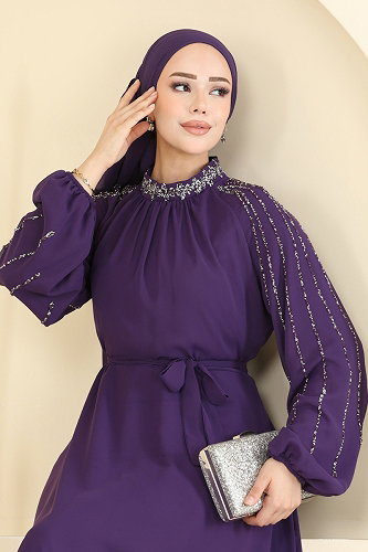 moda selvim فستان سهرة أرجواني 5819EDFK1198 - Thumbnail