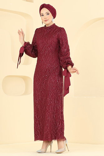 moda selvim Evening Dress 5822EDFK1198 Burgundy - Thumbnail