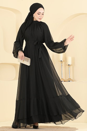 moda selvim Evening Dress 5823EDFK1198 Black - Thumbnail