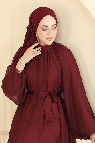 moda selvim Evening Dress 5823EDFK1198 Burgundy - Thumbnail