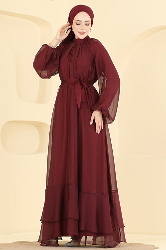 moda selvim Evening Dress 5823EDFK1198 Burgundy - Thumbnail