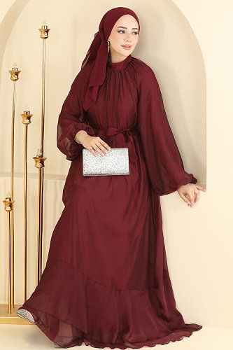 moda selvim فستان سهرة خمري 5823EDFK1198 - Thumbnail