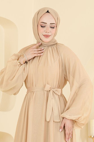 moda selvim فستان سهرة كريمي 5823EDFK1198 - Thumbnail