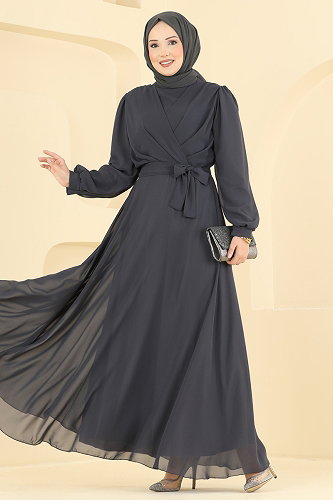moda selvim Evening Dress 5824EDFK1198 Anthracite - Thumbnail