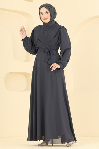moda selvim فستان سهرة رمادي غامق 5824EDFK1198 - Thumbnail