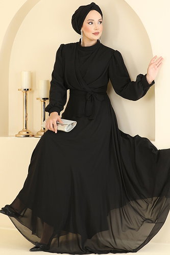 moda selvim Evening Dress 5824EDFK1198 Black - Thumbnail