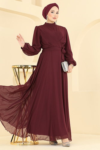 moda selvim فستان سهرة خمري 5824EDFK1198 - Thumbnail