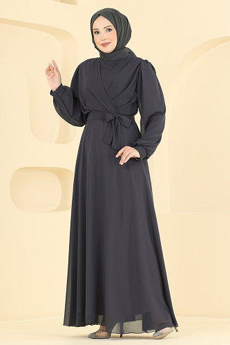 moda selvim Evening Dress 5824EDFK1198 Dark Anthracite - Thumbnail
