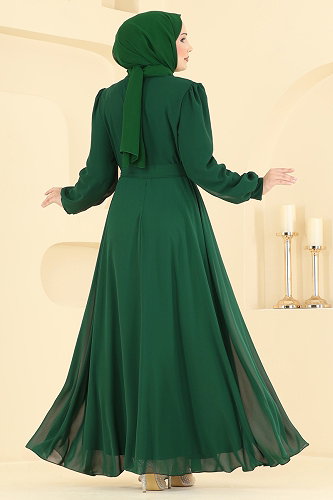 moda selvim فستان سهرة زيتي 5824EDFK1198 - Thumbnail