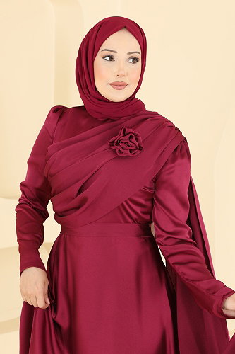 moda selvim فستان سهرة خمري 5825EDFK1198 - Thumbnail