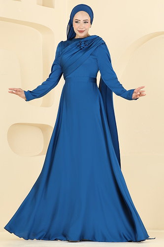 moda selvim Evening Dress 5825EDFK1198 Indigo - Thumbnail