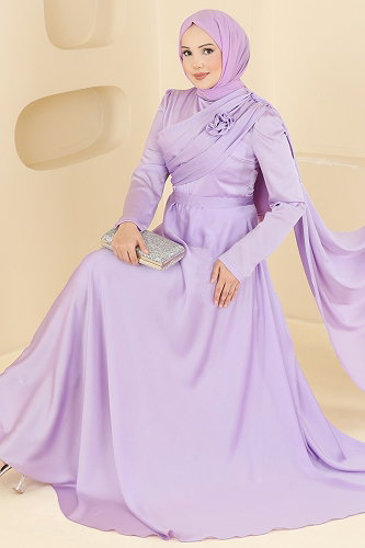 moda selvim فستان سهرة ليلكي 5825EDFK1198 - Thumbnail