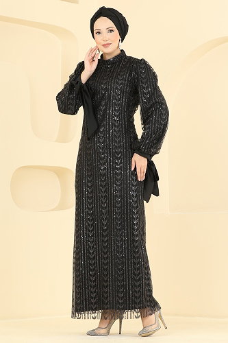 moda selvim فستان سهرة أسود 5826EDFK1198 - Thumbnail