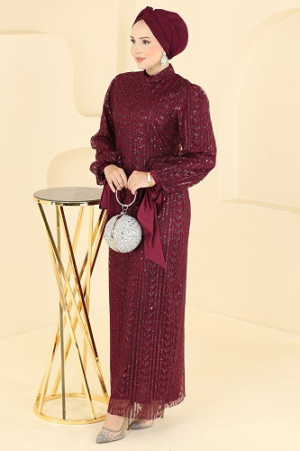 moda selvim Evening Dress 5826EDFK1198 Burgundy - Thumbnail