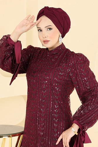 moda selvim Evening Dress 5826EDFK1198 Burgundy - Thumbnail