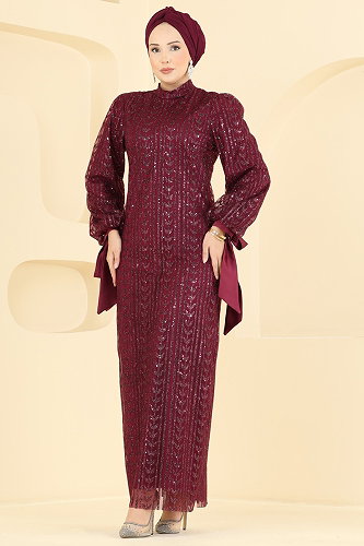 moda selvim فستان سهرة خمري 5826EDFK1198 - Thumbnail