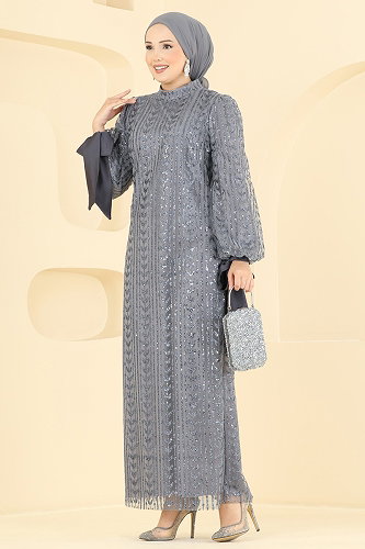 moda selvim Evening Dress 5826EDFK1198 Gray - Thumbnail