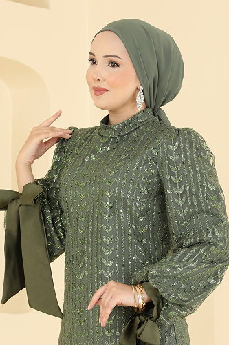 moda selvim فستان سهرة اخضر عفني 5826EDFK1198 - Thumbnail