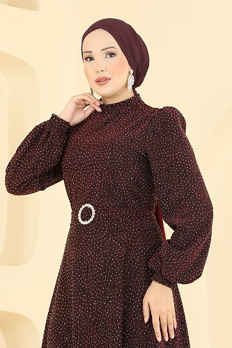 moda selvim فستان سهرة خمري 5832EDFK1198 - Thumbnail