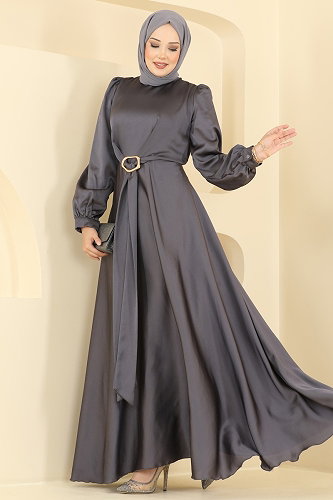 moda selvim Evening Dress 5833EDFK1198 Anthracite - Thumbnail