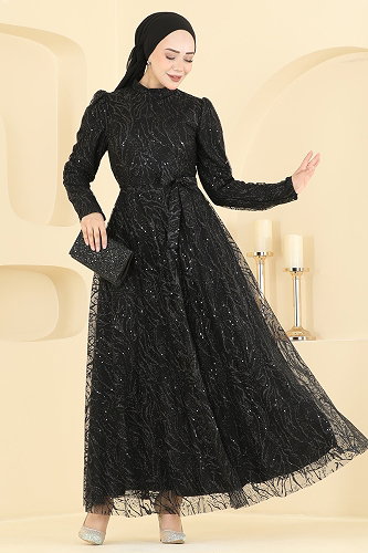 moda selvim Evening Dress 5835EDFK1198 Black - Thumbnail