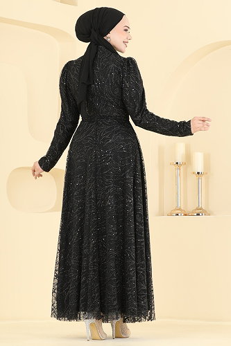 moda selvim فستان سهرة أسود 5835EDFK1198 - Thumbnail