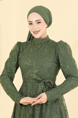 moda selvim فستان سهرة اخضر عفني 5835EDFK1198 - Thumbnail