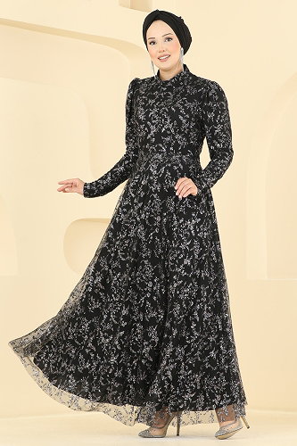 moda selvim Evening Dress 5837EDFK1198 Black - Thumbnail
