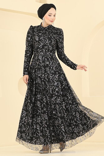 moda selvim Evening Dress 5837EDFK1198 Black - Thumbnail
