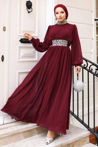 moda selvim Evening Dress 5839AB368 Burgundy - Thumbnail