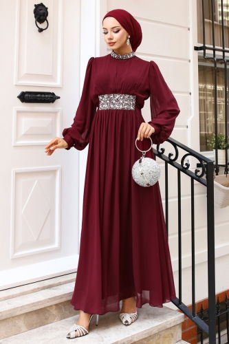 moda selvim Evening Dress 5839AB368 Burgundy - Thumbnail