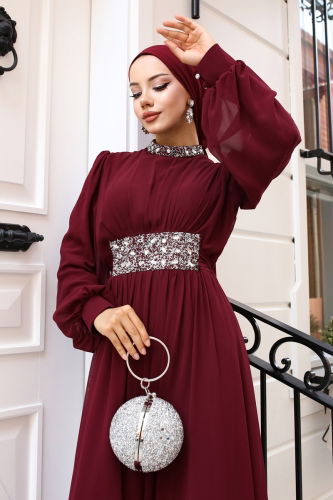 moda selvim Evening Dress 5839AB368 Burgundy - Thumbnail