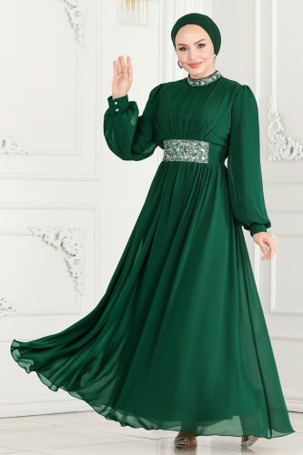 moda selvim Evening Dress 5839AB368 Emerald - Thumbnail