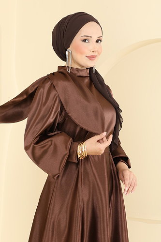 moda selvim Evening Dress 5845EDFK1198 Brown - Thumbnail